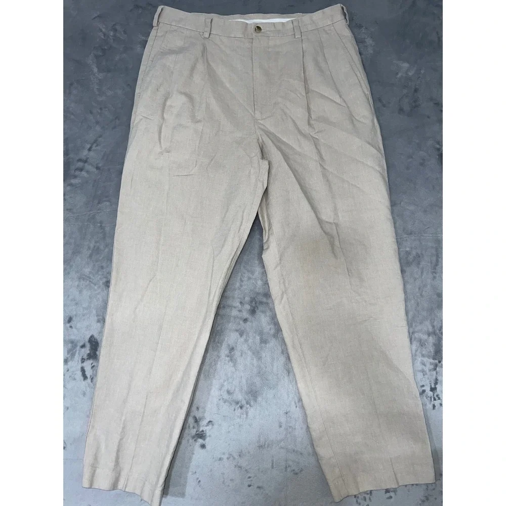 Roundtree & Yorke Gold Label Mens 34x30 Linen Cotton Pleated Khaki Pants Tan